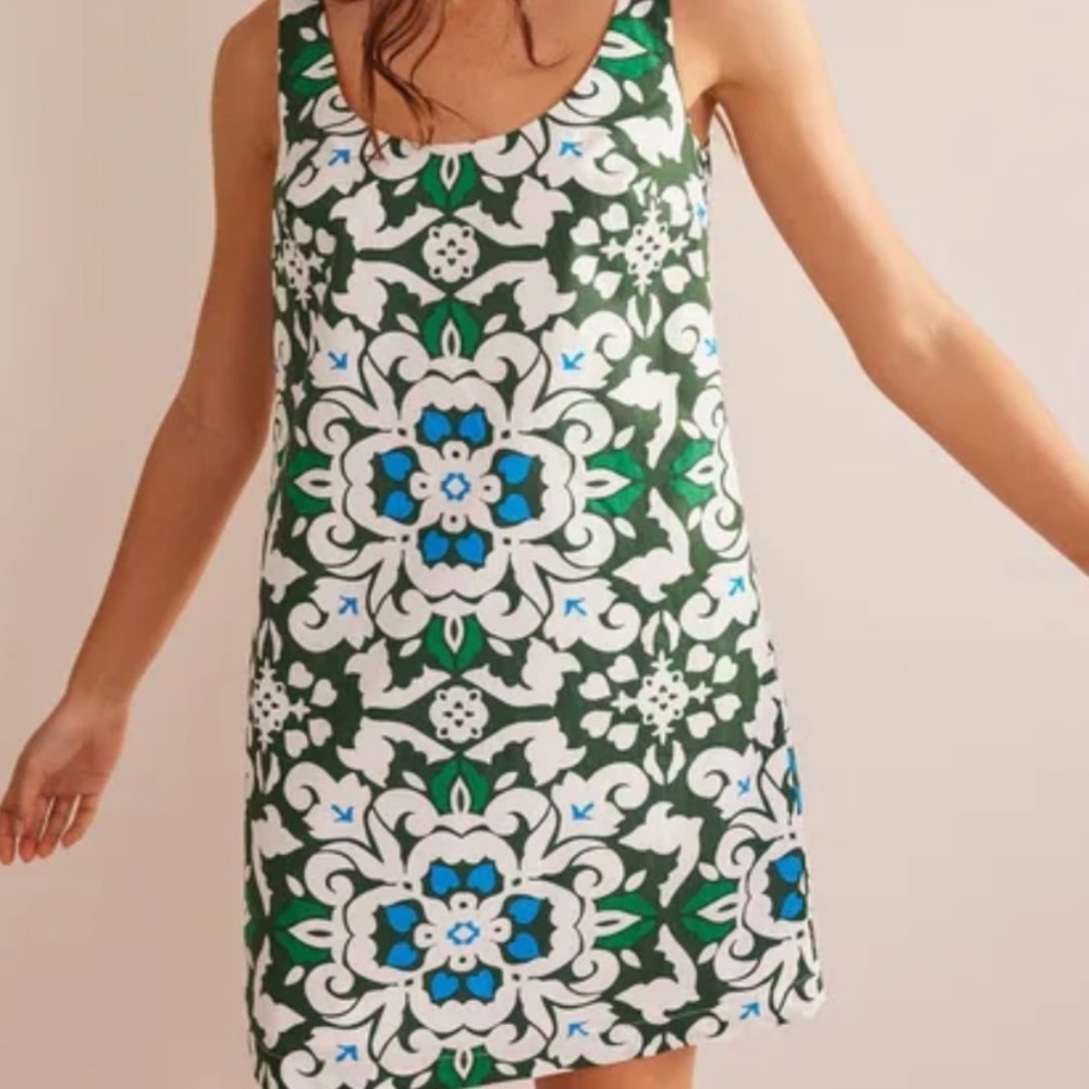 Boden Scoop Neck Shift Dress Green White Blue Print Sz 12 Long